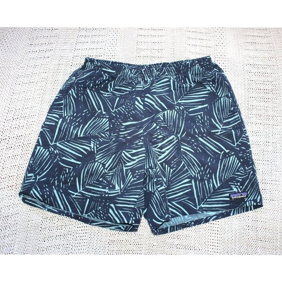 Patagonia Men's Baggies Shorts Pants Size M Palm Print elastic waist Blue trunks - Picture 1 of 9